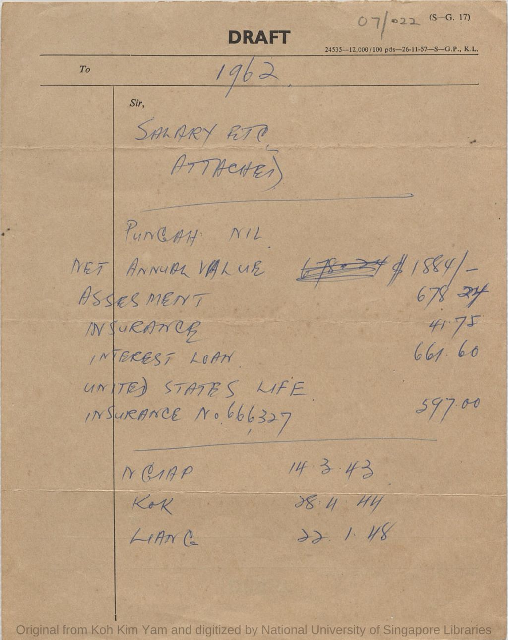 Miniature of Handwritten (by Dr Koh Kim Yam) basic salary, etc for 1962