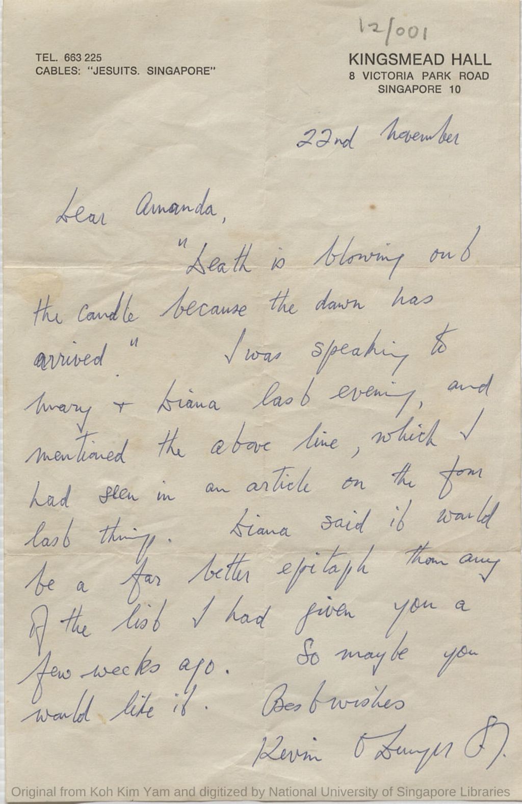 Miniature of Letter from Kevin O'Dwyer SJ, Irish Jesuit priest at St Ignatius Church, to Amanda (Choo Ngai Mun) concerning epitaph