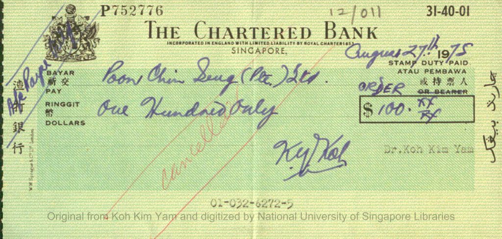 Miniature of Cancelled cheque from The Chartered Bank for $100.00 payable to Poon Chin Seng (Pte.) Ltd. from Koh Kim Yan