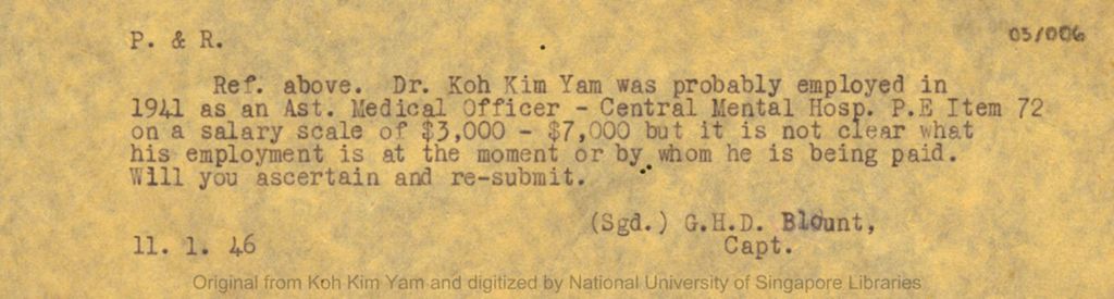 Miniature of Letter from G.H.D. Blount concerning Koh Kim Yam's position and pay