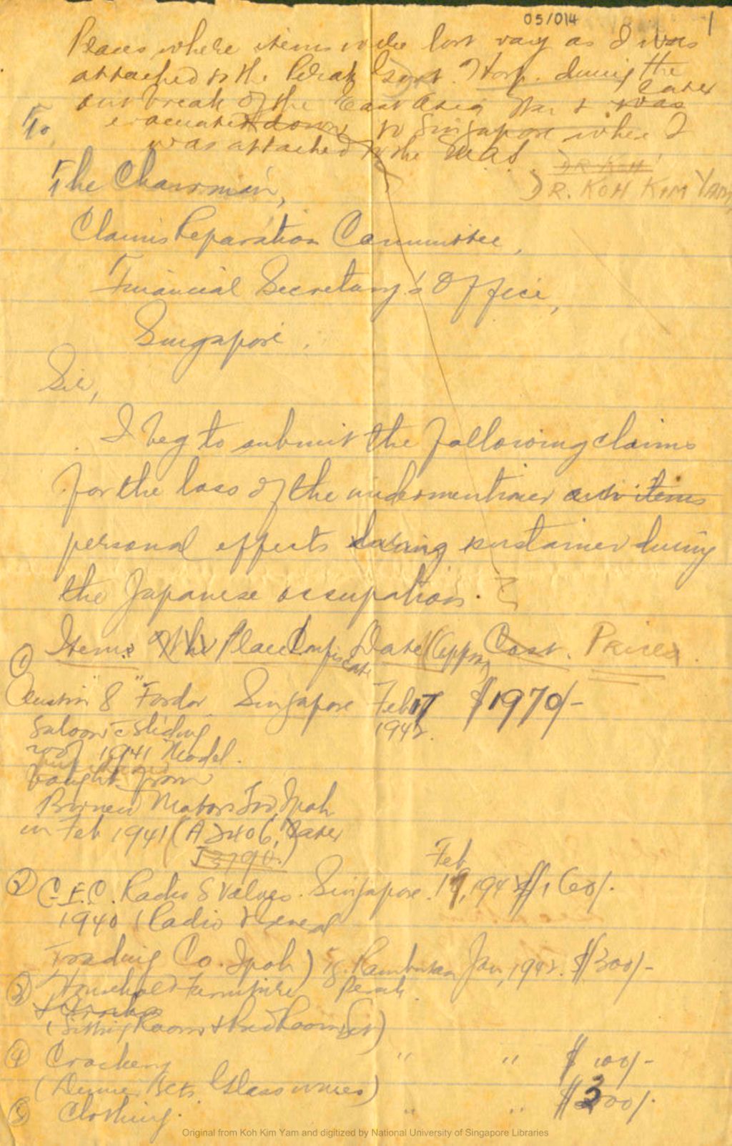 Miniature of Letter to the Chairman, Claims Reparation Committee, Financial Secretary's Office, Singapore concerning items to be claimed