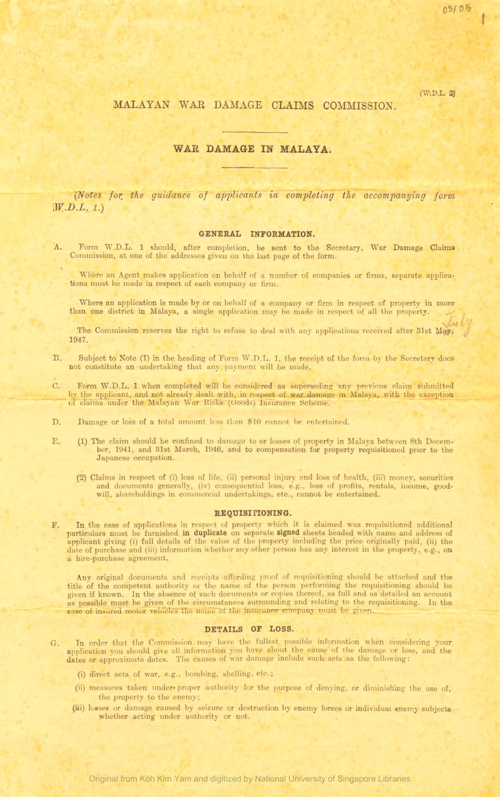 Miniature of War Damage in Malaya (Notes for the guidance of applicants in completing the accompanying form W.D.L.1) issued by the Malayan War Damage Claims Commission