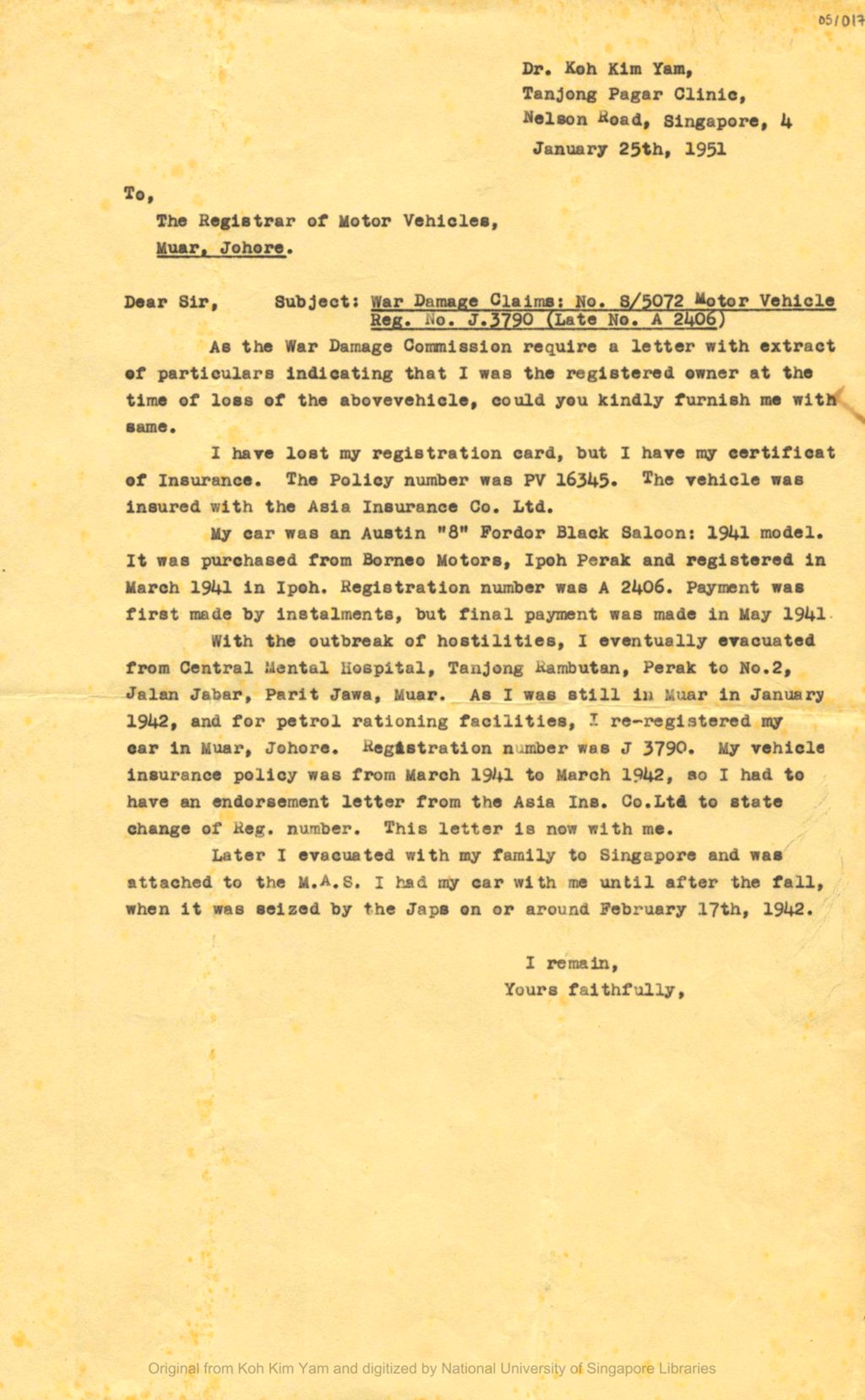 Miniature of Letter from Koh Kim Yam to the Registrar of Motor Vehicles, Muar, Johore concerning war damage claim on motor vehicle, Austin "8" Fordor Black Saloon: 1941 model