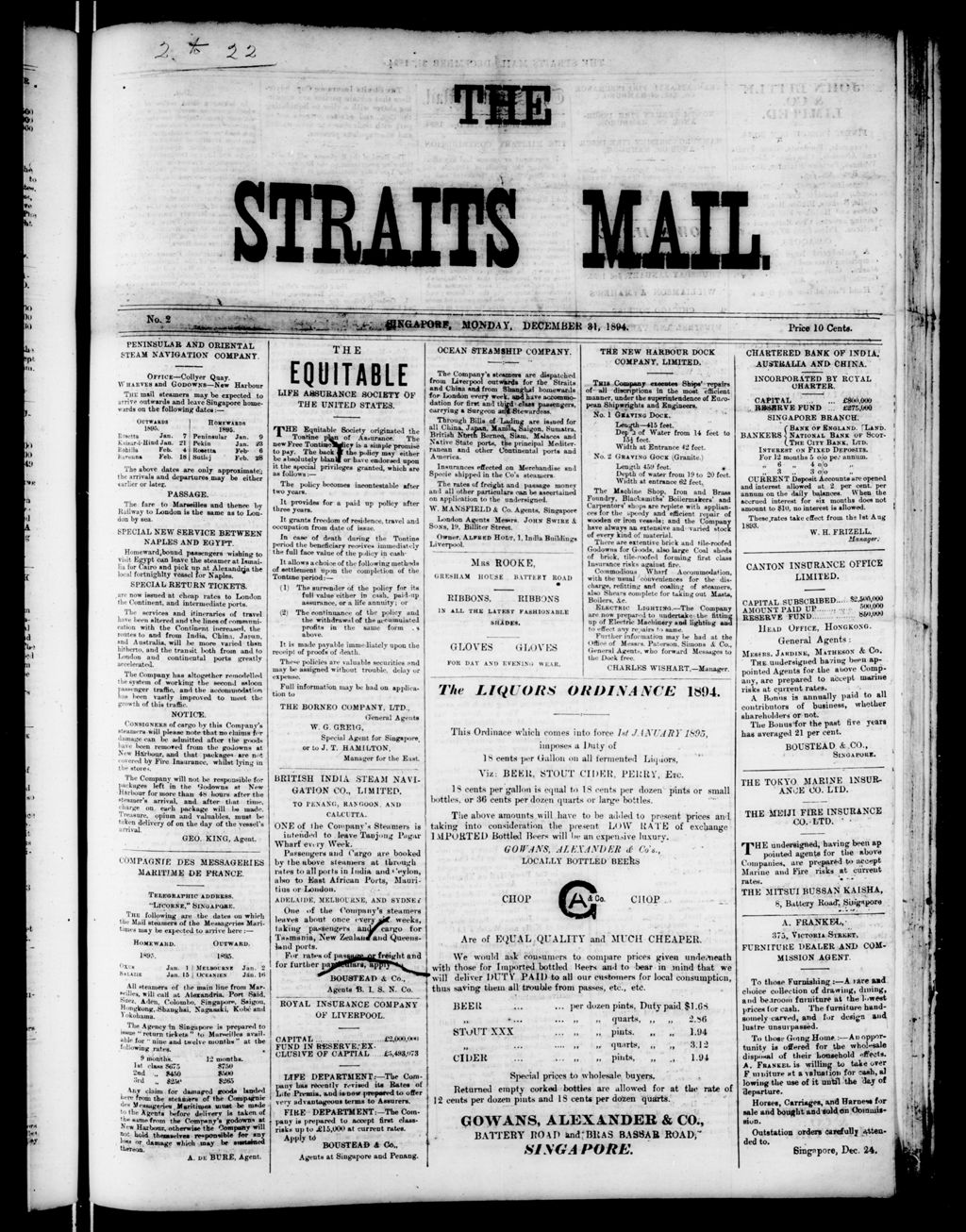 Miniature of Straits Mail  31 December 1894