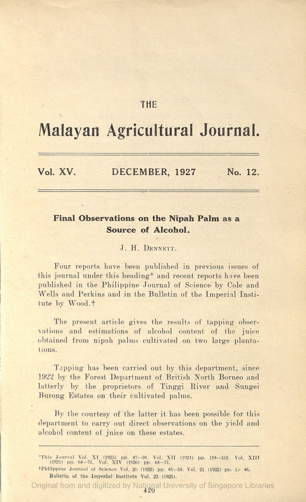 Miniature of Final Observations on the Nipah Palm as a Source of Alcohol