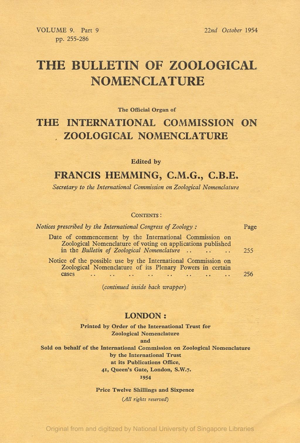 Miniature of Notices Prescribed by the International Congress of Zoology: Date of Commencement by the International Commission on Zoological Nomenclature of Voting on Applications Published in the Bulletin of Zoological Nomenclature