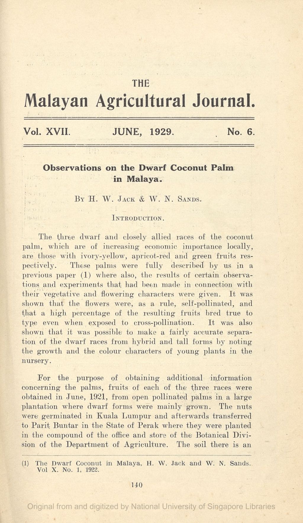 Miniature of Observations on the Dwarf Coconut Palm in Malaya