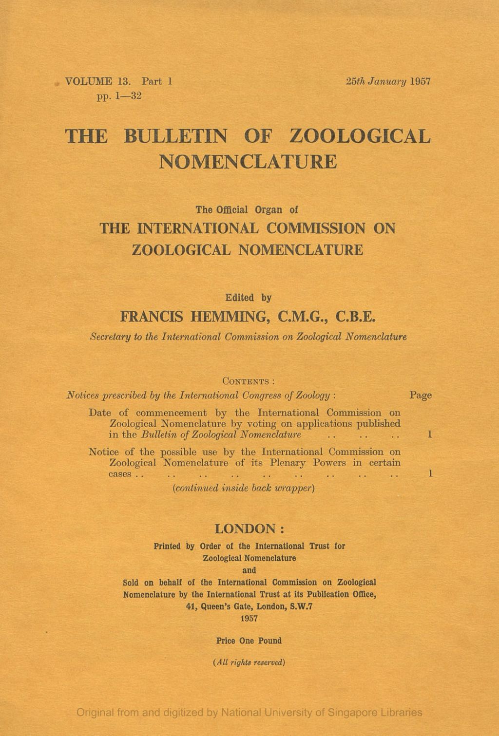 Miniature of Notices Prescribed by the International Congress of Zoology: Date of Commencement by the International Commission on Zoological Nomenclature of Voting on Applications Published in the Bulletin of Zoological Nomenclature