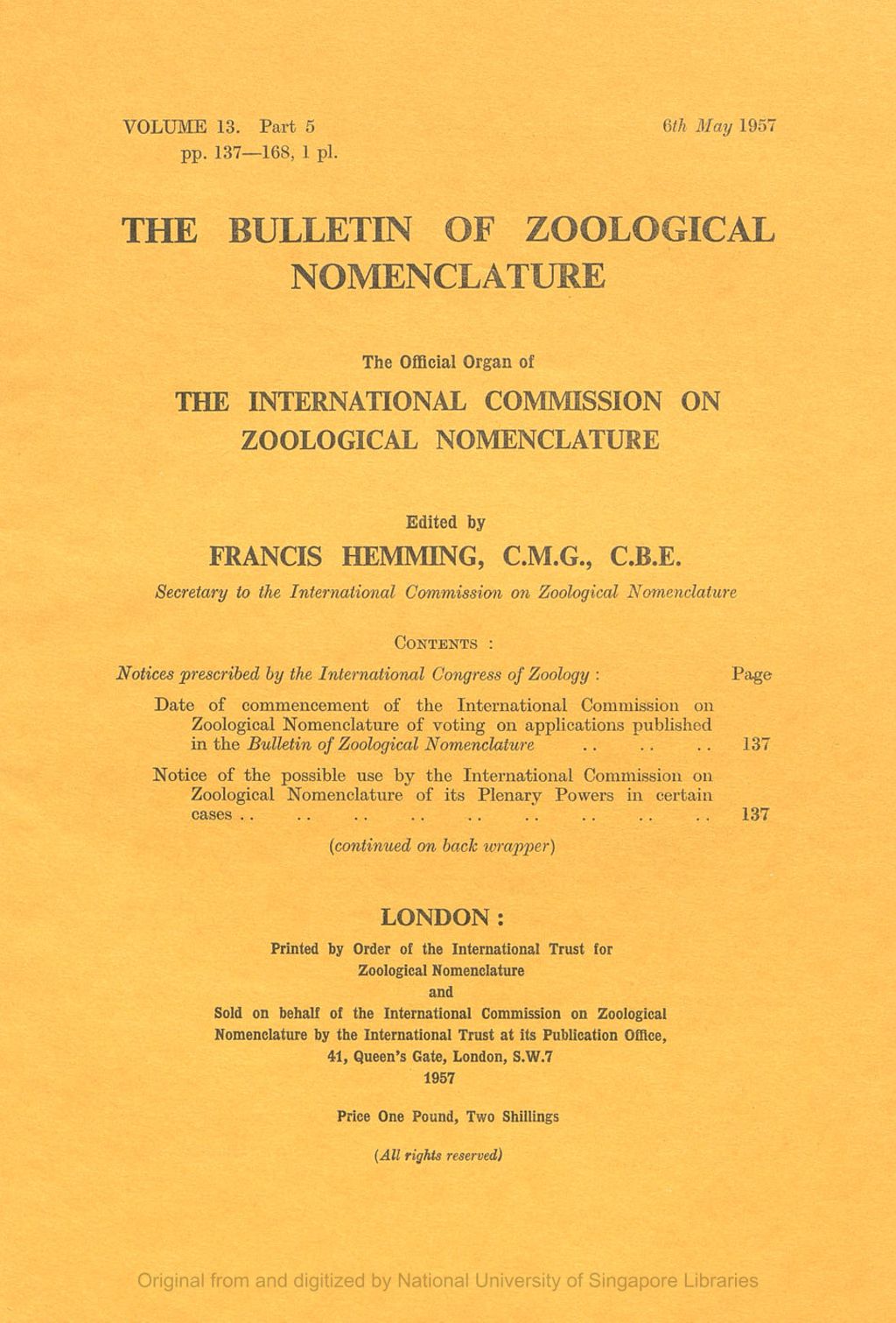 Miniature of Notices Prescribed by the International Congress of Zoology: Date of Commencement by the International Commission on Zoological Nomenclature of Voting on Applications Published in the Bulletin of Zoological Nomenclature