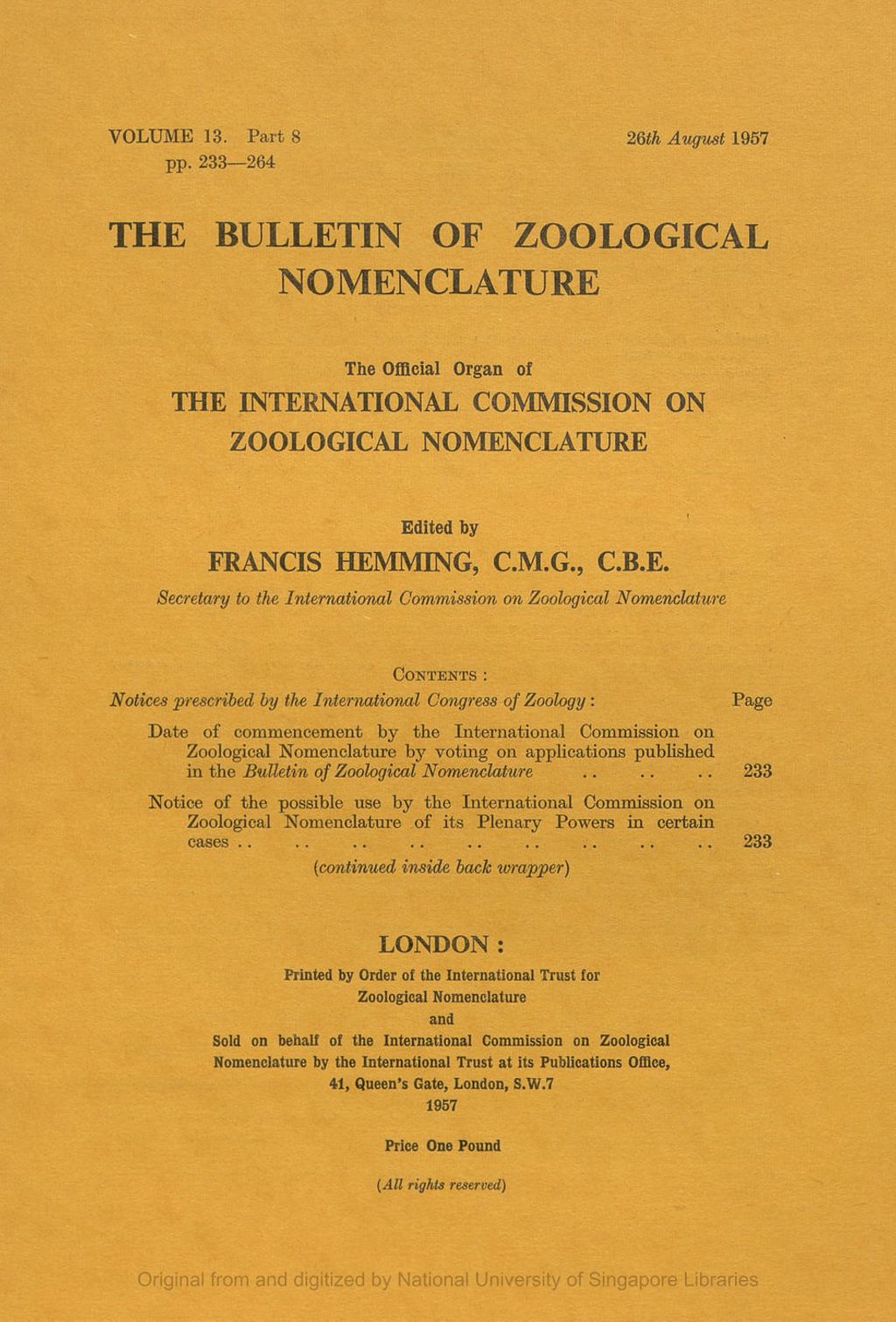 Miniature of Notices Prescribed by the International Congress of Zoology: Date of Commencement by the International Commission on Zoological Nomenclature of Voting on Applications Published in the Bulletin of Zoological Nomenclature