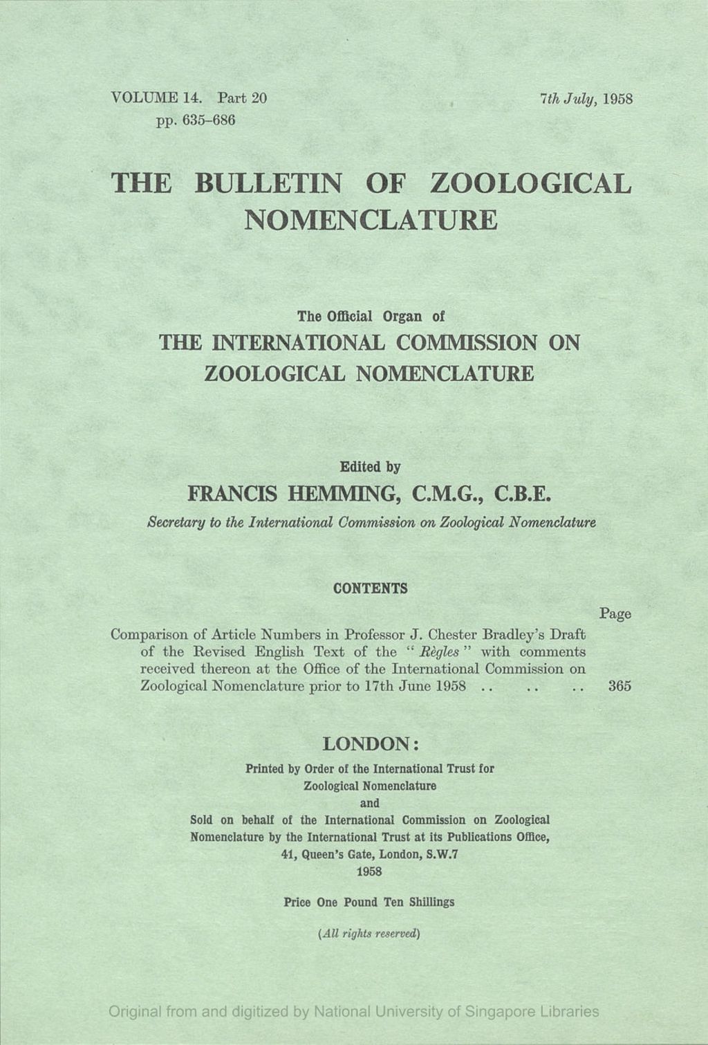 Miniature of Comparison of Article Numbers in Professor J. Chester Bradley's Draft of the Revised English Text of the "Regles" with Comments Received thereon at the Office of the International Commission on Zoological Nomenclature Prior to 17th June 1958