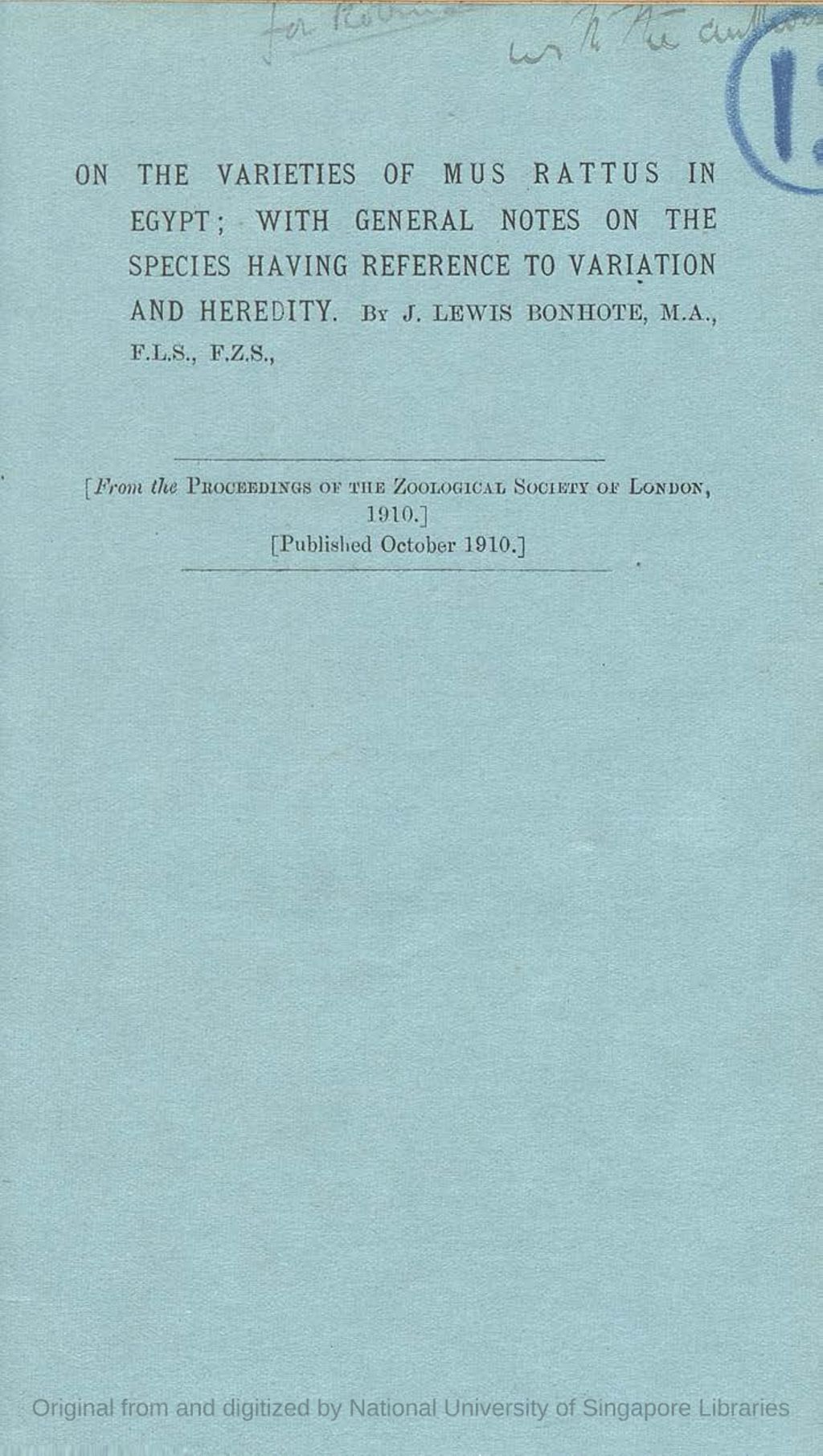 Miniature of On the Varieties of Mus Rattus in Egypt; with General Notes on the Species having Reference to Variation and Heredity