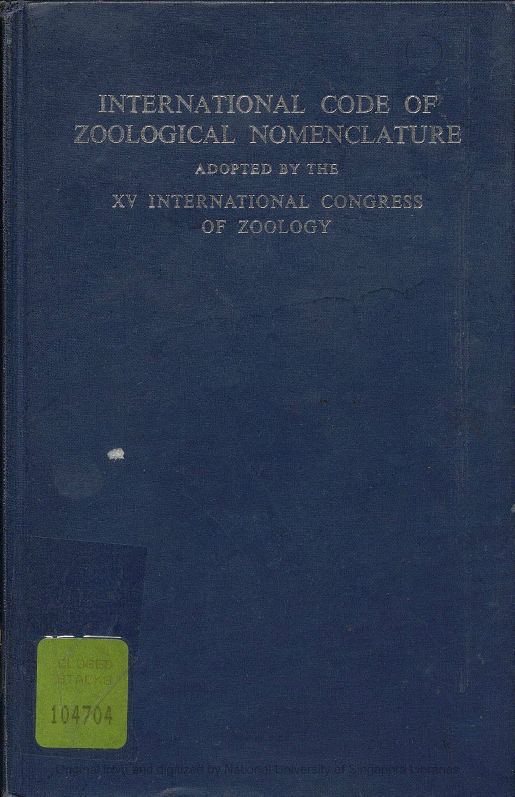 Miniature of International Code of Zoological Nomeclature adopted by the XV International Congress of Zoology