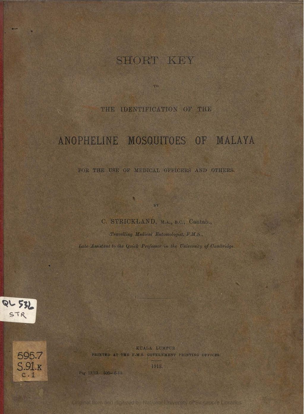 Miniature of Short Key to the Identification of the Anopheline Mosquitoes of Malaya for the Use of Medical Officers and Others