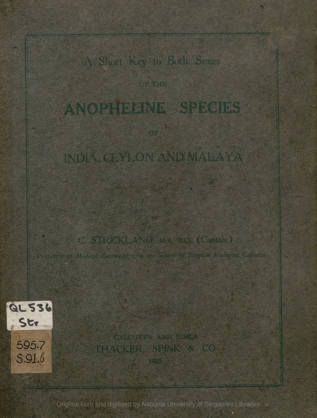 Miniature of A short key to both sexes of the Anopheline species of India, Ceylon and Malaya