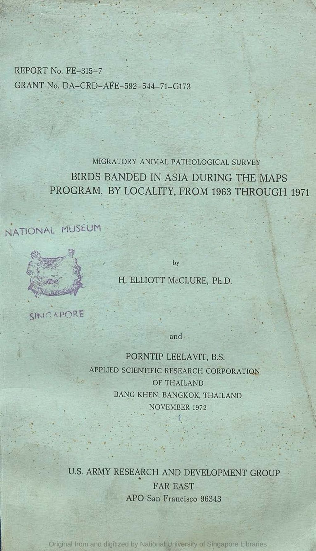 Miniature of Birds Banded in Asia During the MAPS Program, by Locality, from 1963 through 1971