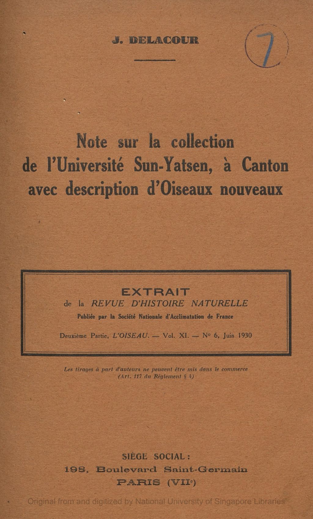 Miniature of Note sur la collection de l'Université Sun-Yatsen à Canton avec description d'oiseaux nouveaux