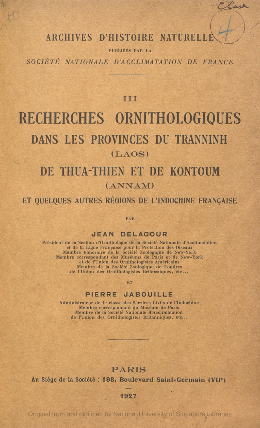 Miniature of Recherches ornithologiques dans la province de Tranninh (Laos),de Thua-Thien et de Kontoum (Annam) et quelques autres regions de l'Indochine française