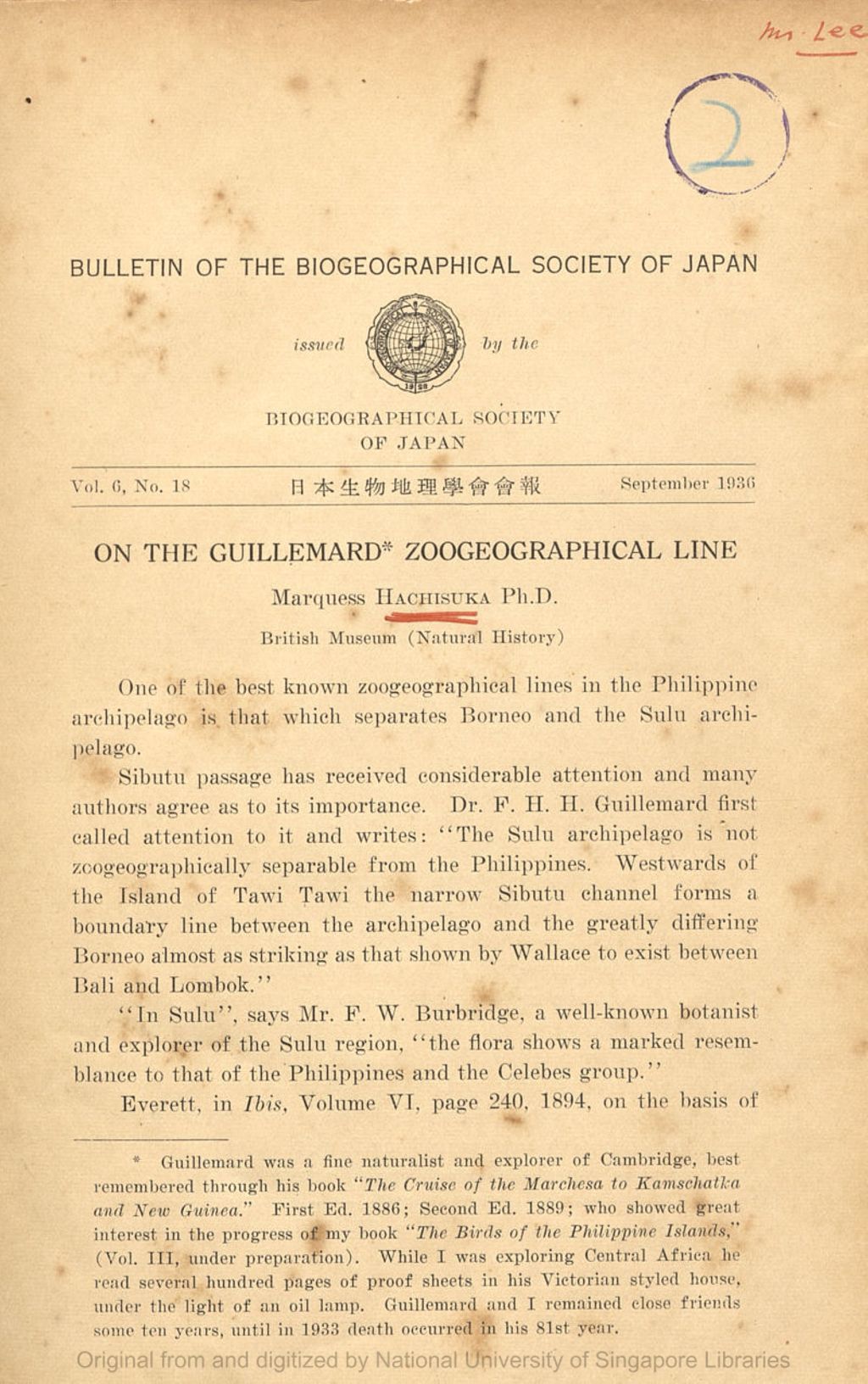 Miniature of On the Guillemard Zoogeographical Line