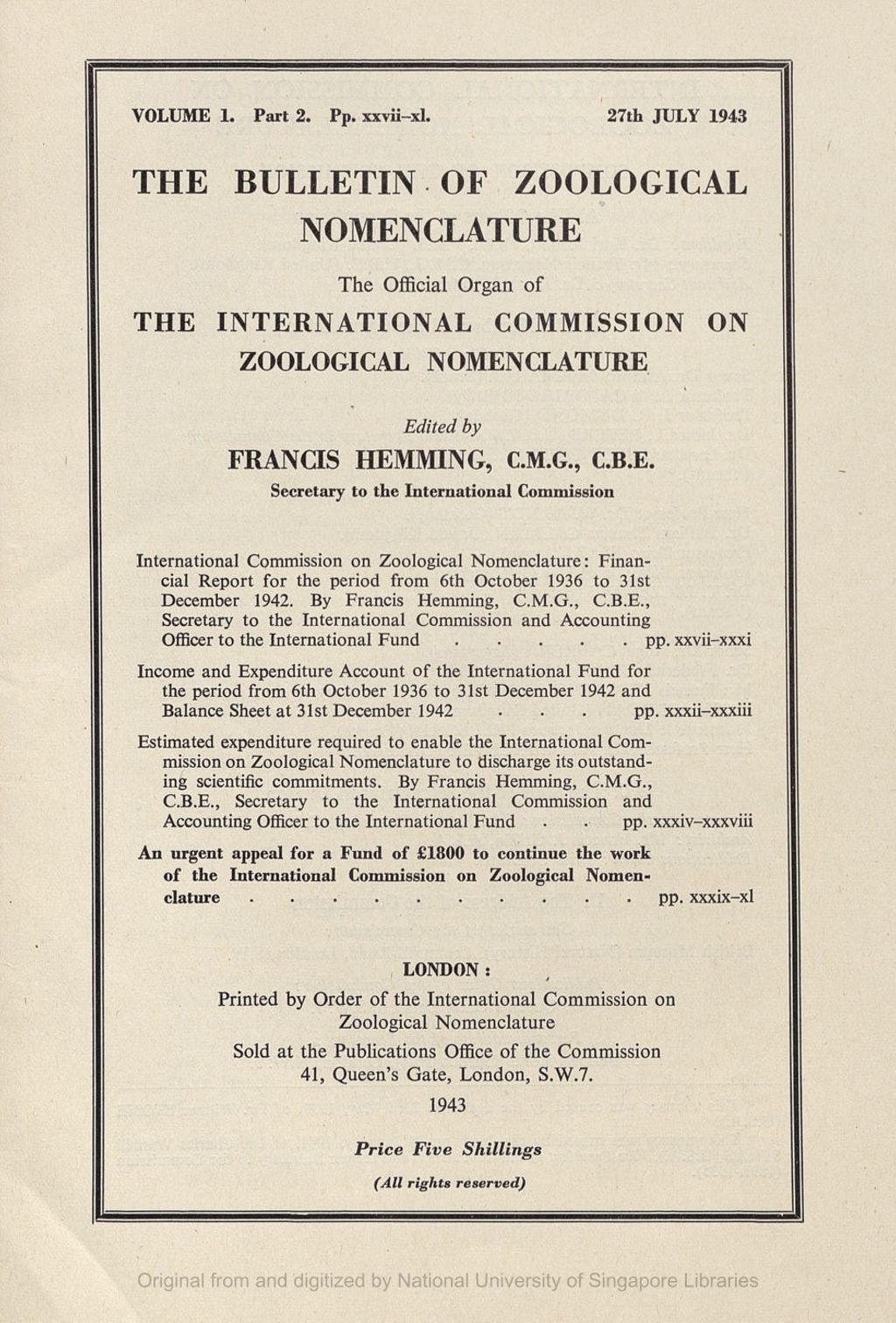 Miniature of International Commission on Zoological Nomenclature: Financial Report for the Period from 6th October 1936 to 31st December 1942