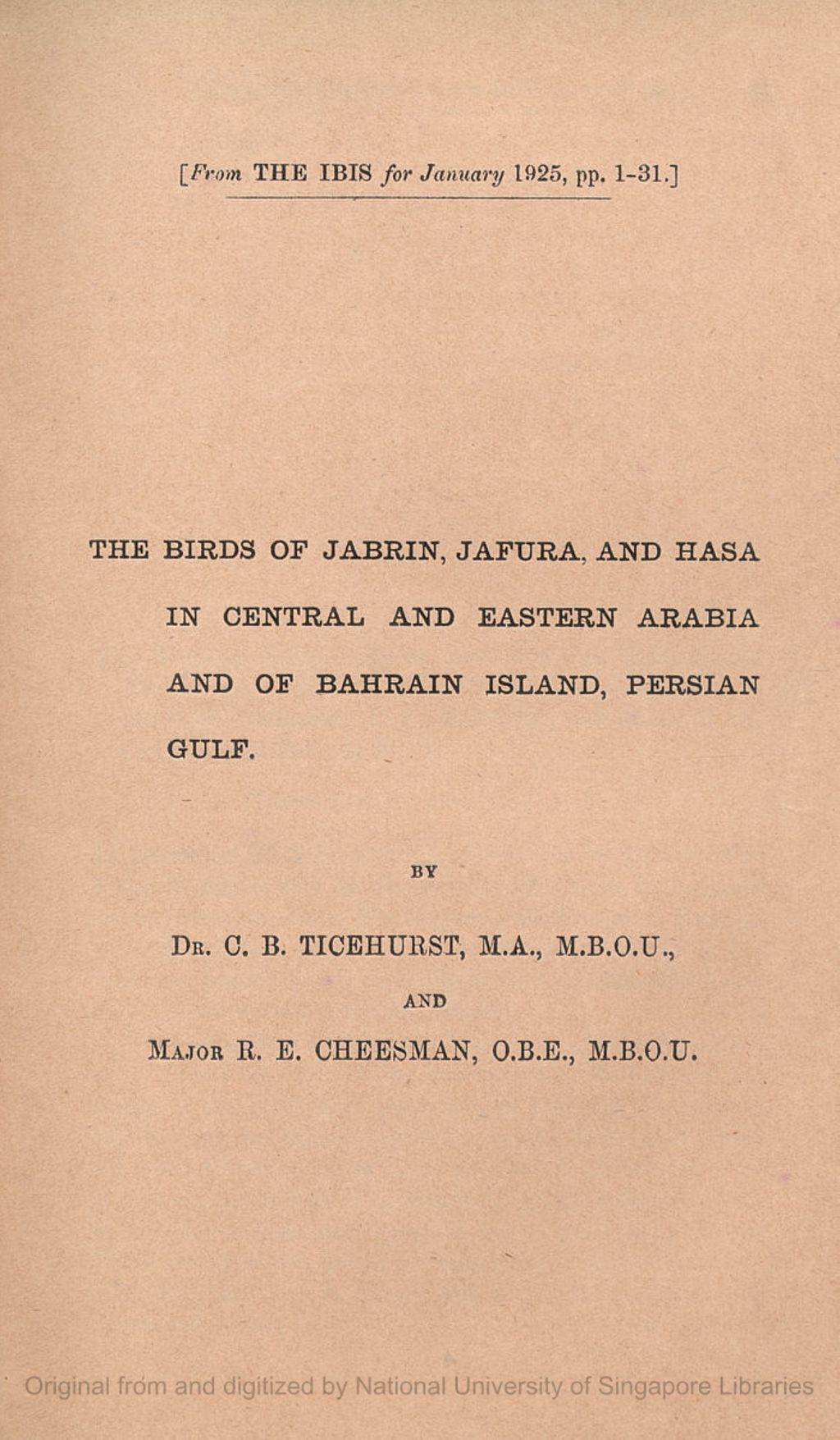 Miniature of The Birds of Jabrin, Jafura, and Hasa in Central and Eastern Arabia and of Bahrain Island, Persian Gulf.