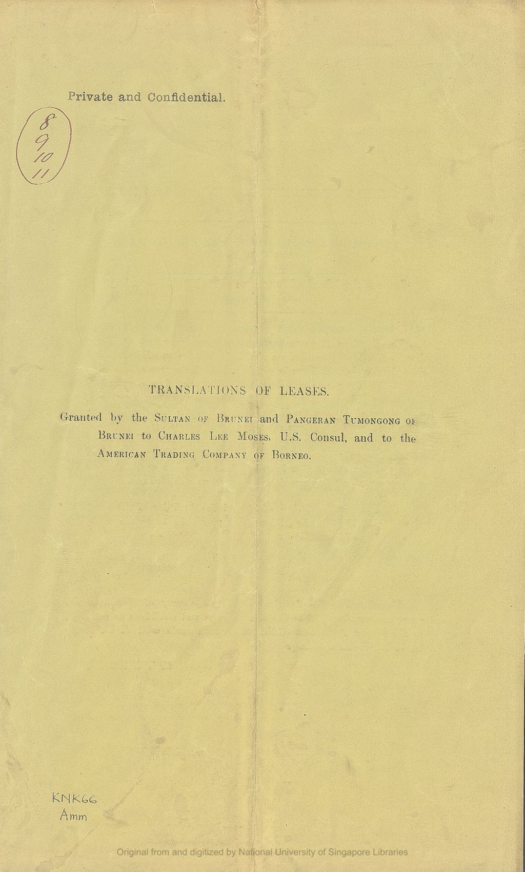 Miniature of Translation of leases : granted by the Sultan of Brunei and Pangeran Tumongong of Brunei to Charles Lee Moses, U.S. Consul, and to the American Trading Company of Borneo