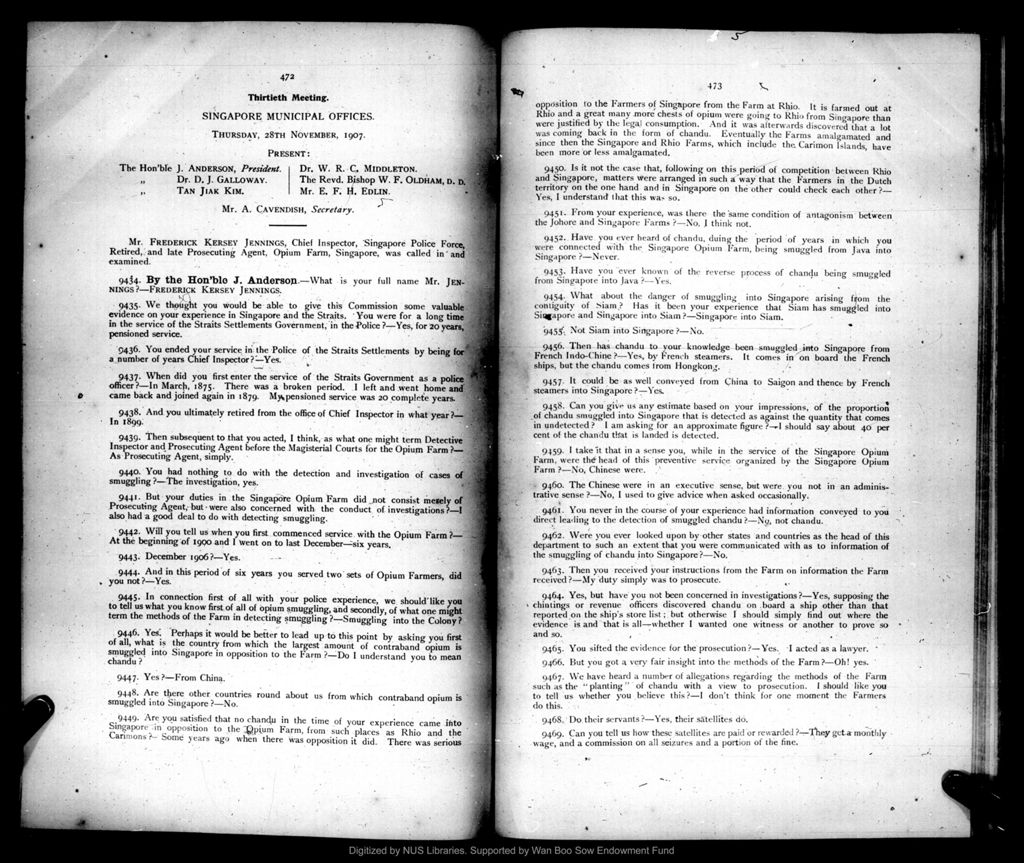 Miniature of Proceedings of the Commission appointed to inquire into matters relating to the use of opium in the Straits Settlements and the Federated Malay States. Volume 2, Schedule of witnesses, evidence, glossary, part 2