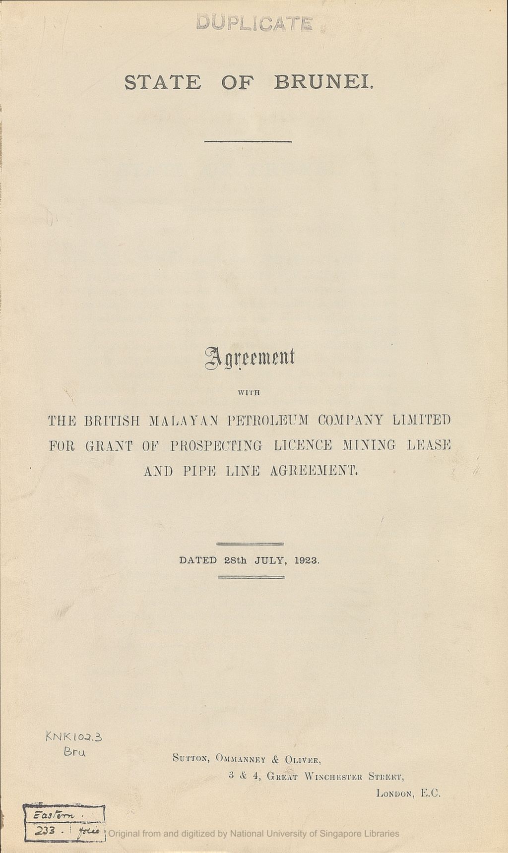 Miniature of Agreement with the British Malayan Petroleum Company Limited for grant of prospecting licence mining lease and pipe line agreement, dated 28th July, 1923