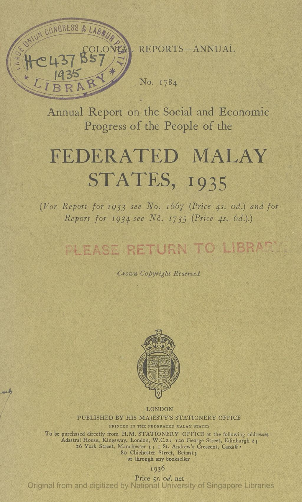 Miniature of Annual report on the social and economic progress of the people of the Federated Malay States, 1935. Number 1784