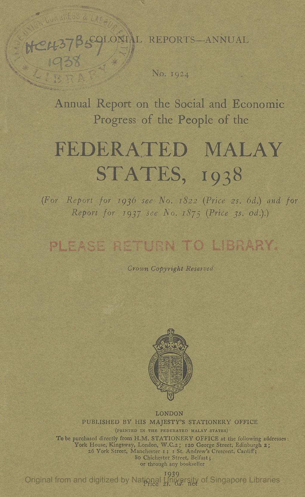 Miniature of Annual report on the social and economic progress of the people of the Federated Malay States, 1938. Number 1924