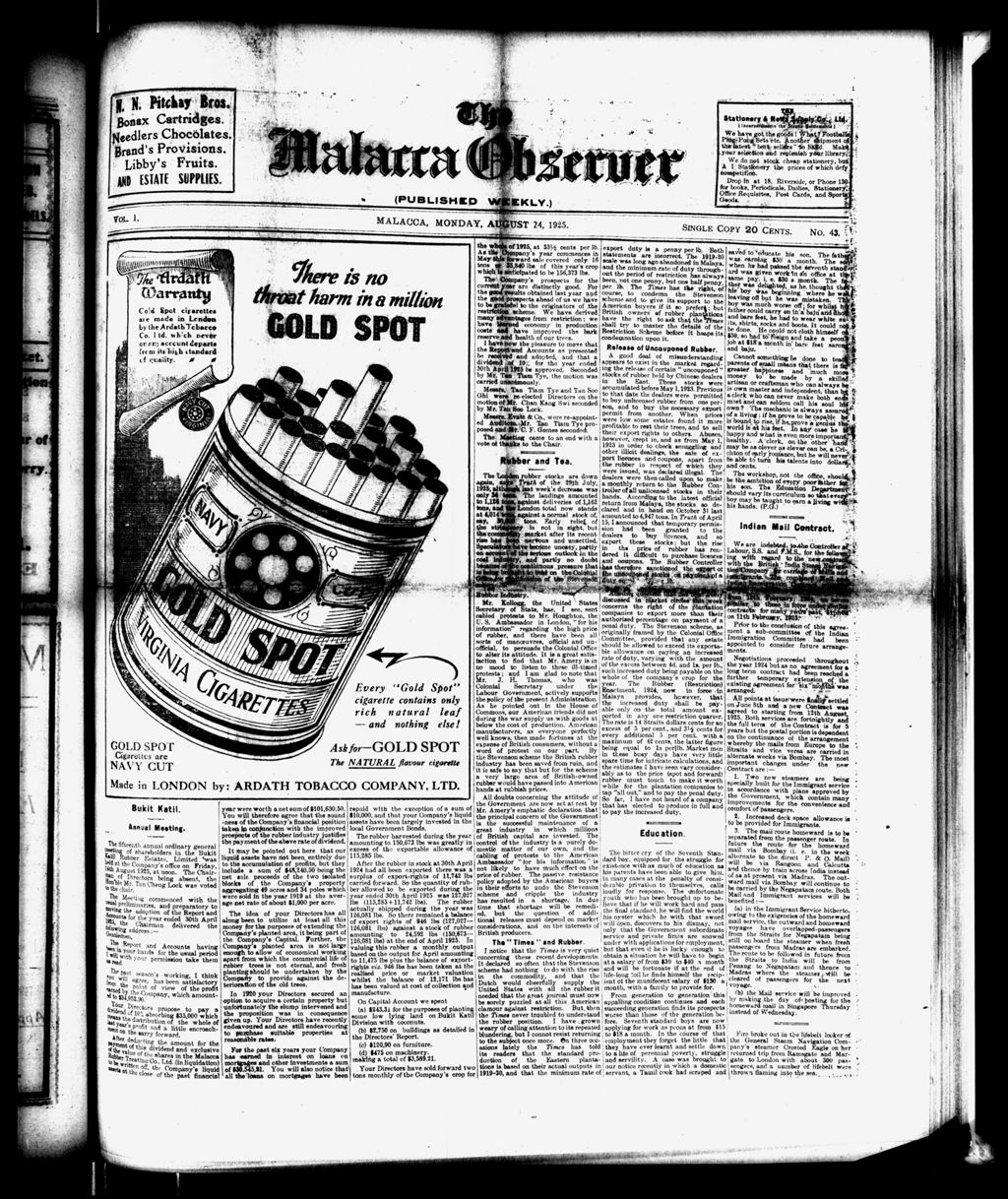 Miniature of Malacca Observer 24 August 1925