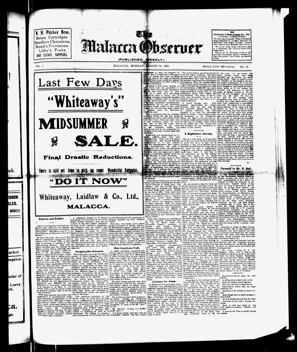 Miniature of Malacca Observer 31 August 1925