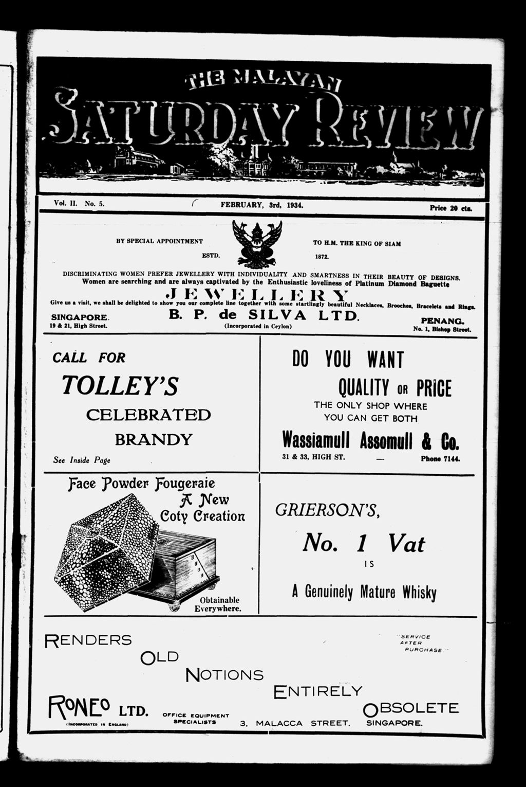 Miniature of Malayan Saturday Review 03 February 1934