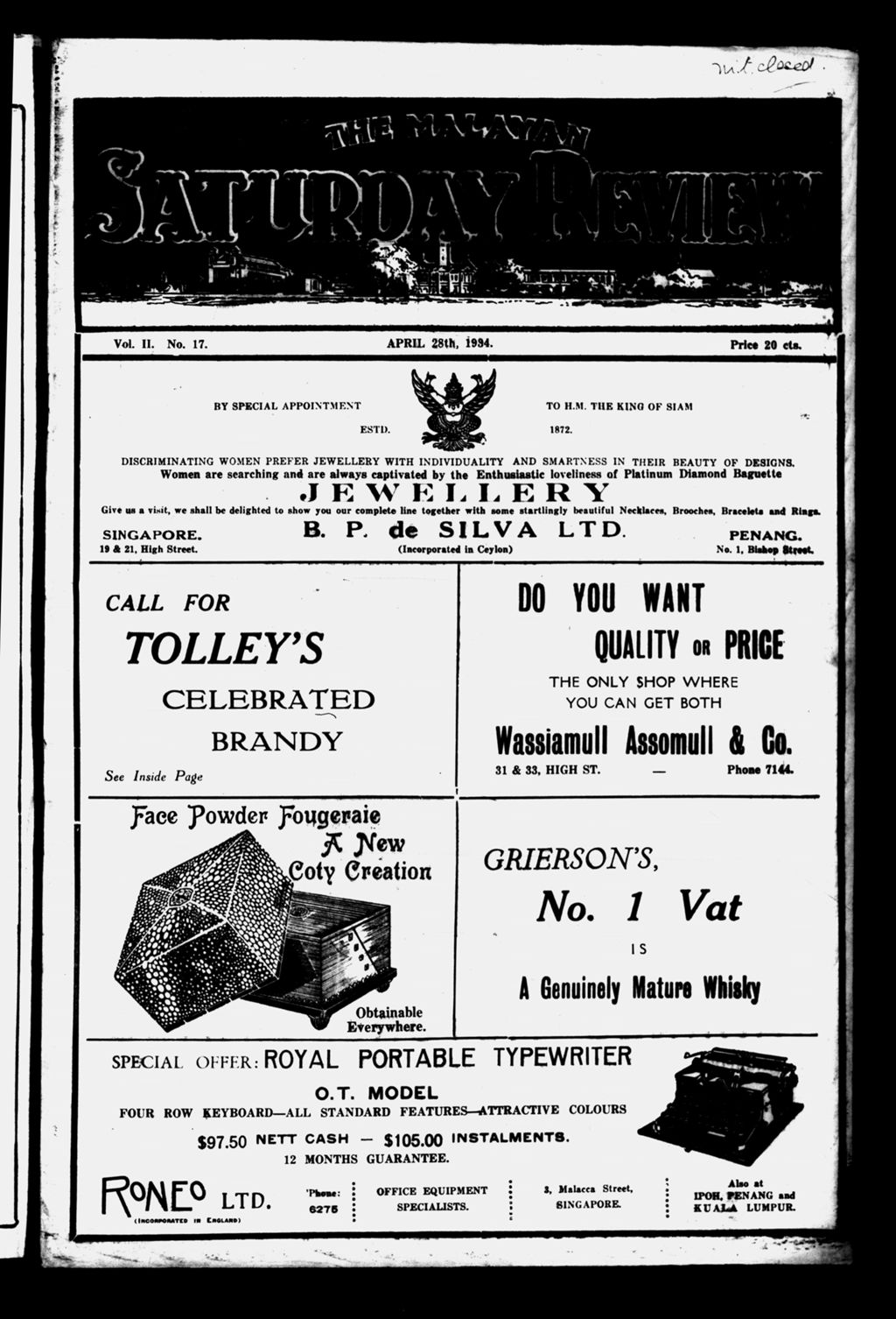 Miniature of Malayan Saturday Review 28 April 1934