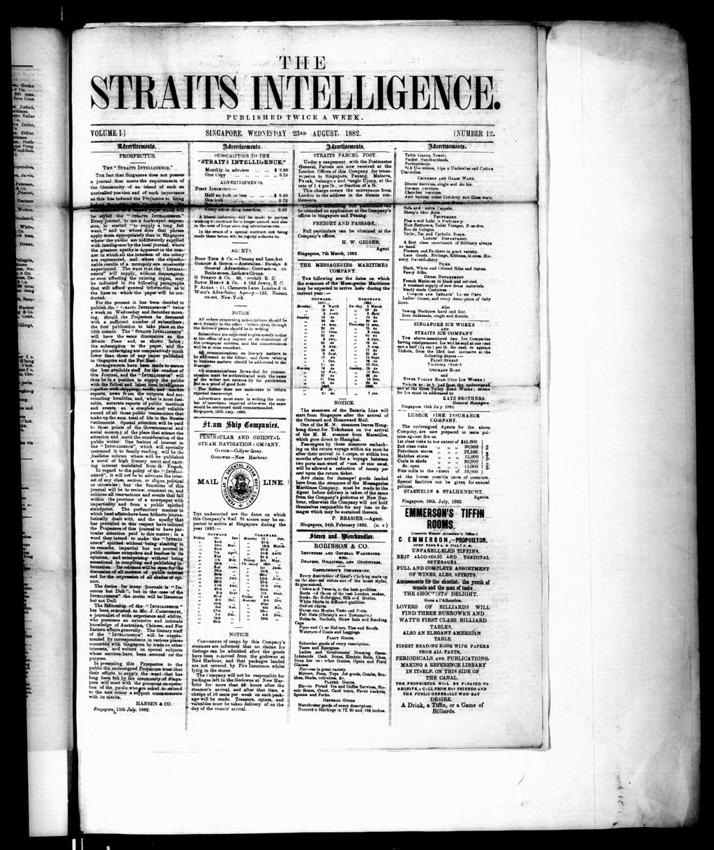 Miniature of Straits Intelligence 23 August 1882