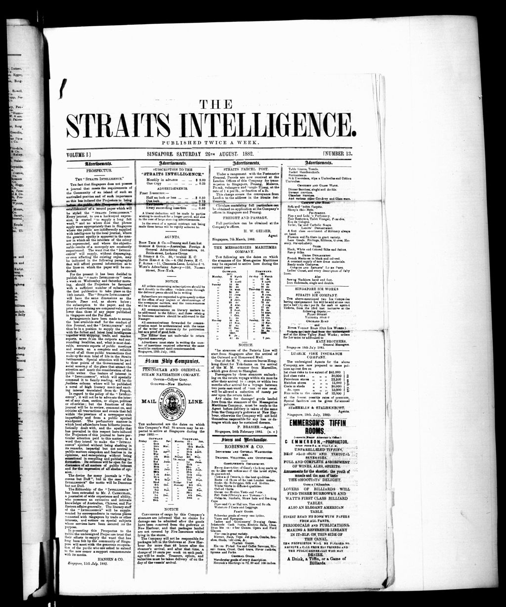 Miniature of Straits Intelligence 26 August 1882