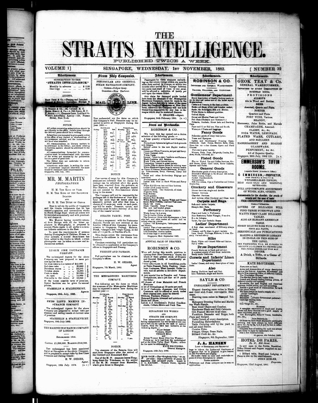 Miniature of Straits Intelligence 01 November 1882