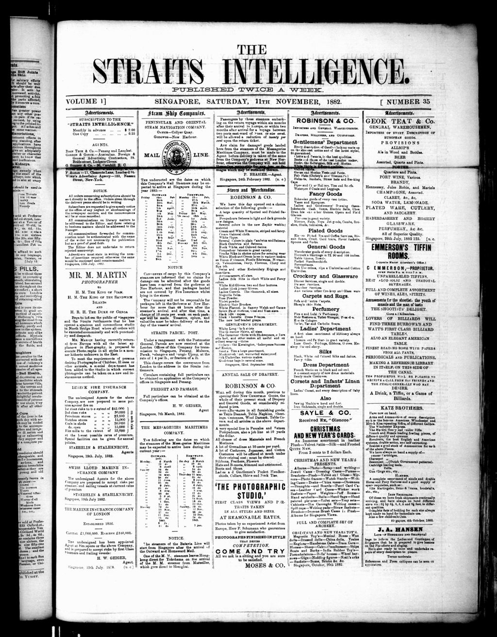 Miniature of Straits Intelligence 11 November 1882