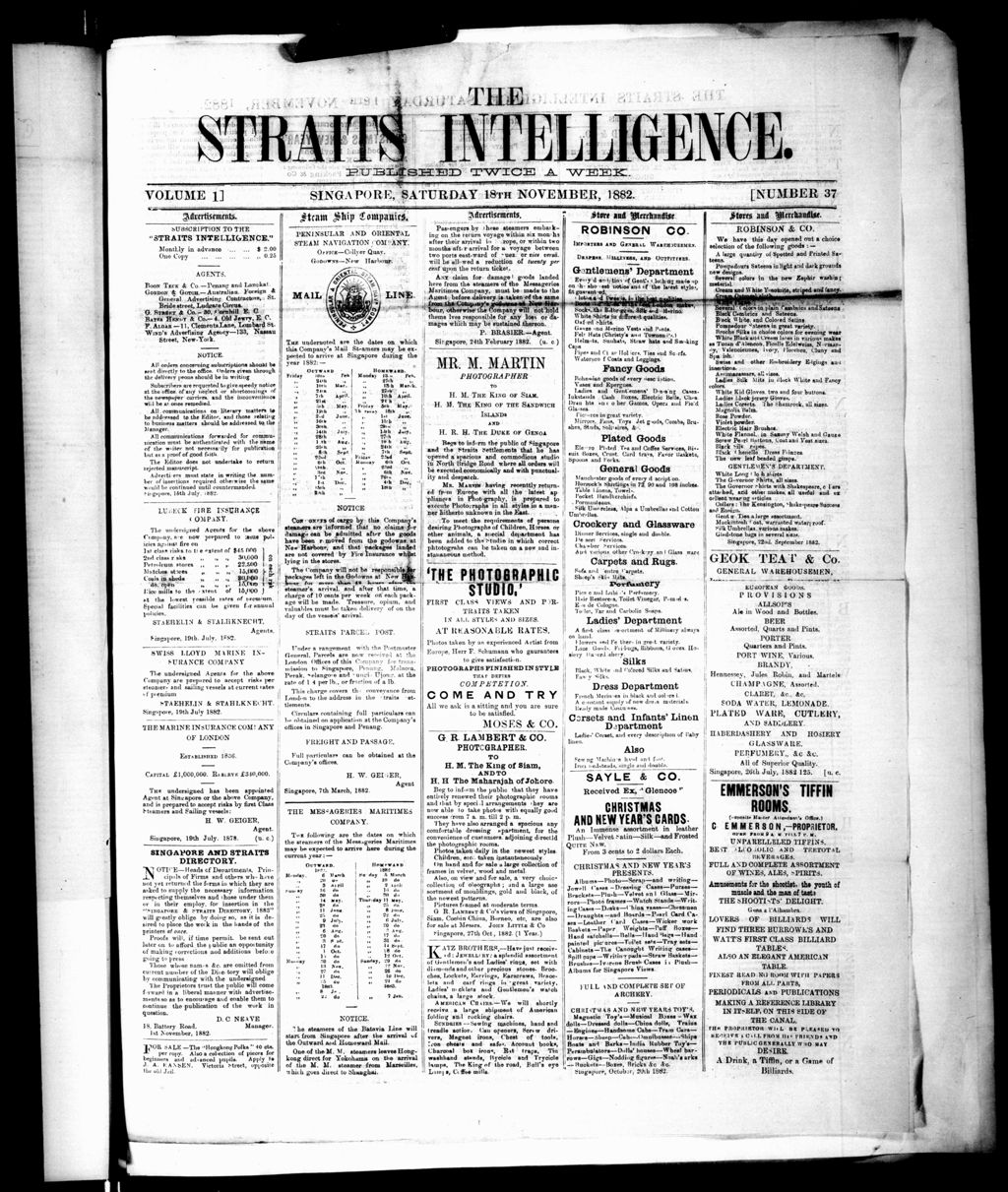 Miniature of Straits Intelligence 18 November 1882