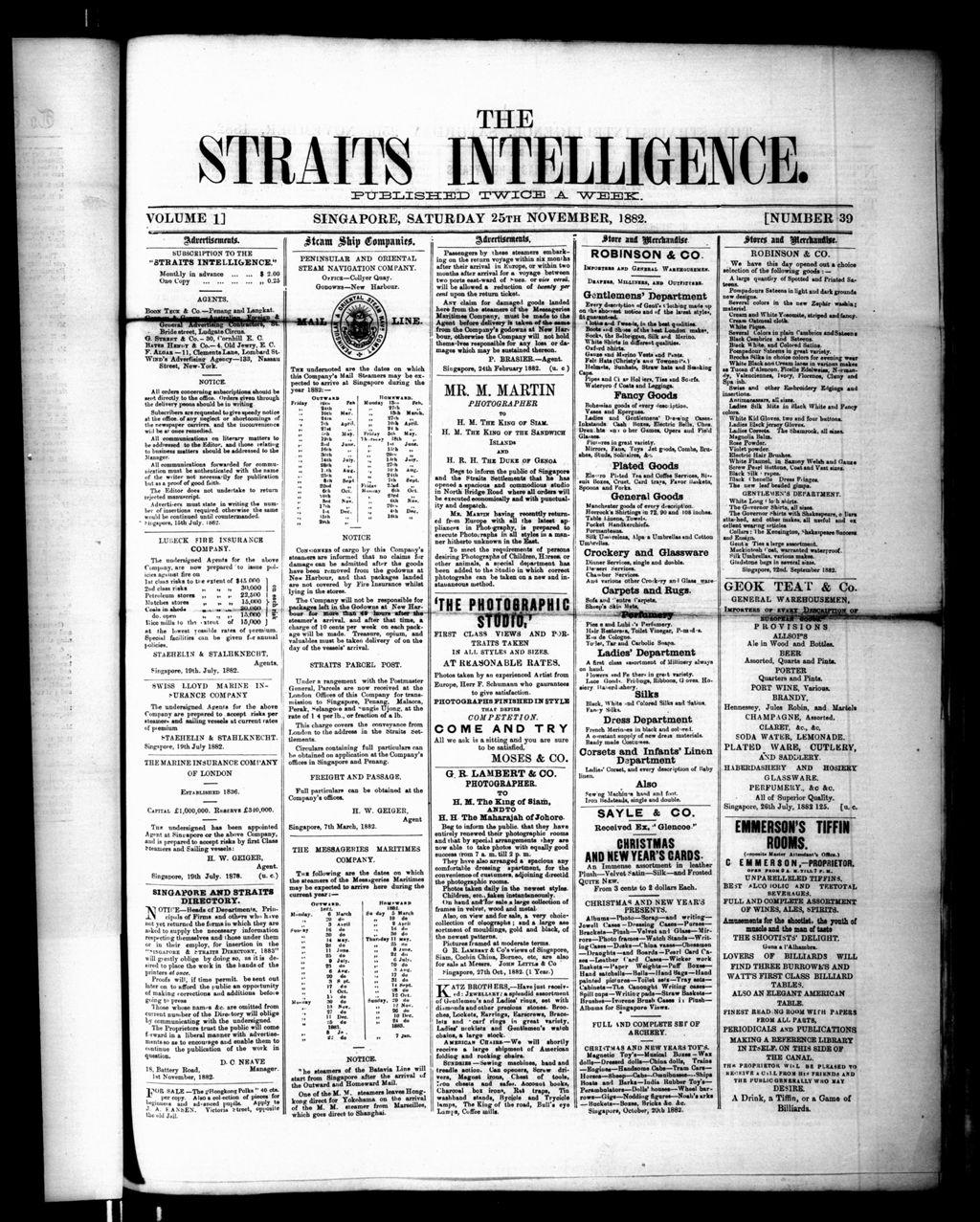 Miniature of Straits Intelligence 25 November 1882