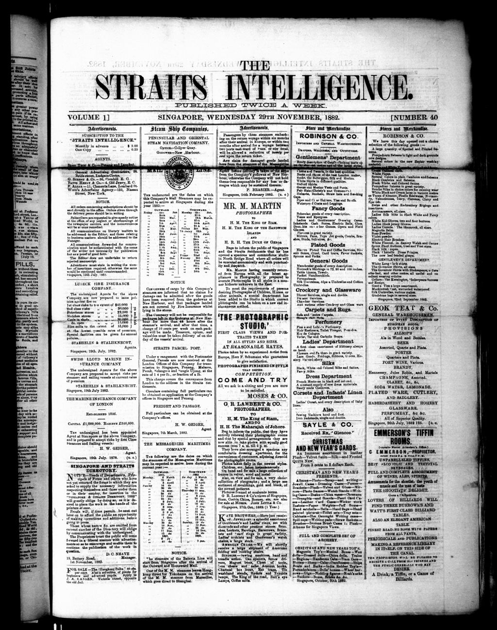 Miniature of Straits Intelligence 29 November 1882