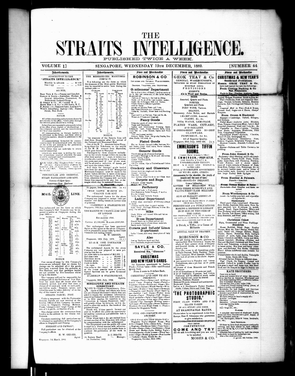 Miniature of Straits Intelligence 13 December 1882