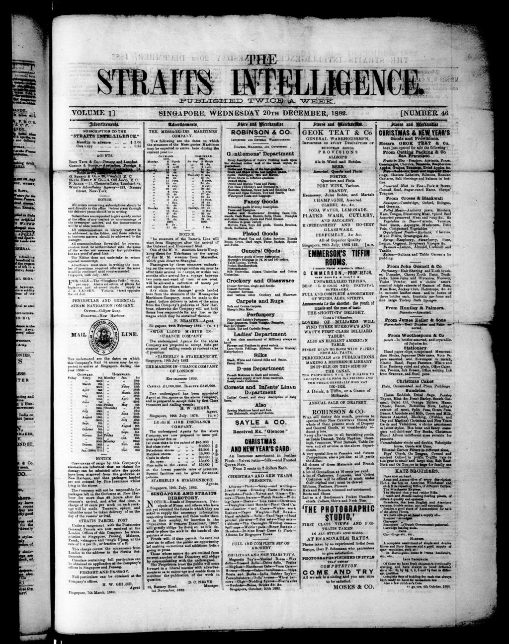 Miniature of Straits Intelligence 20 December 1882