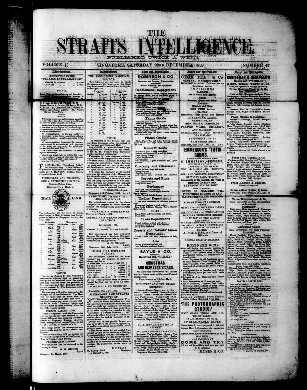 Miniature of Straits Intelligence 23 December 1882