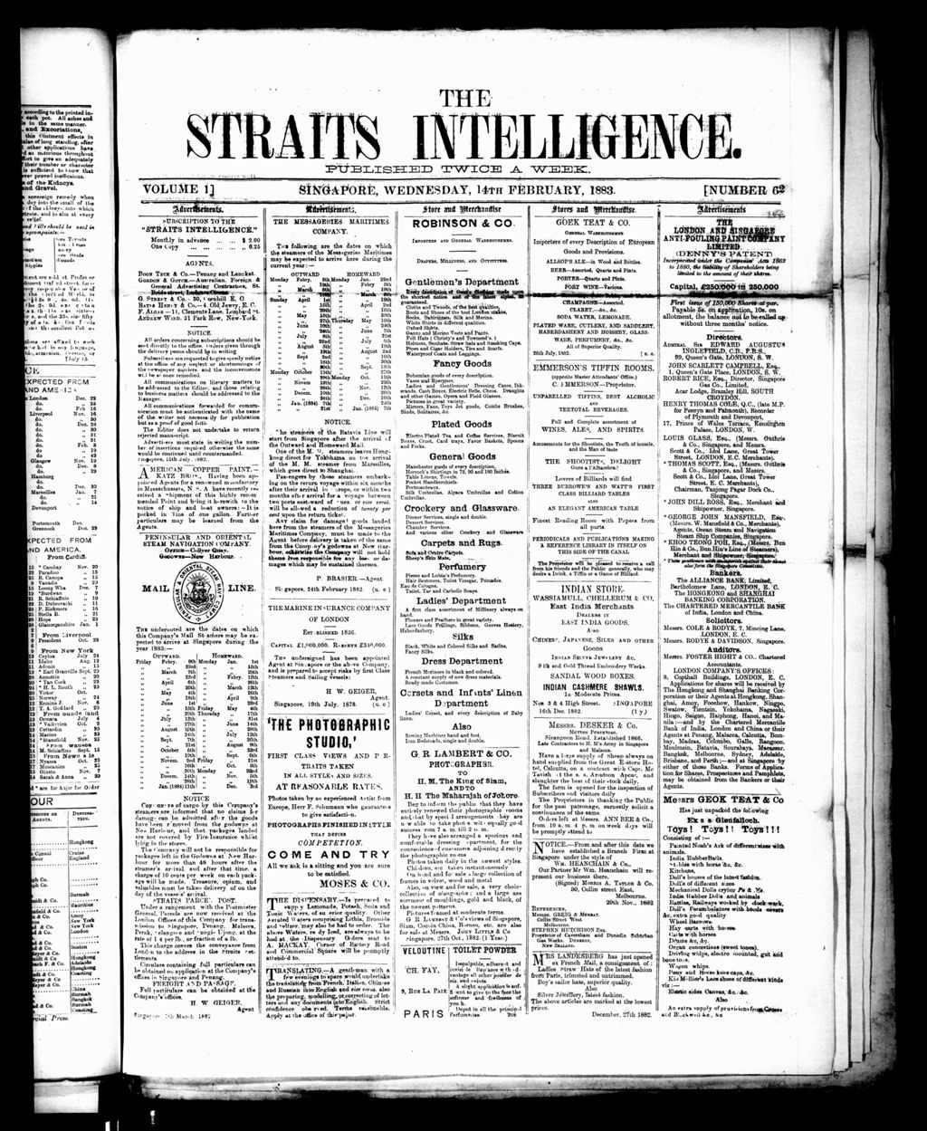 Miniature of Straits Intelligence 14 February 1883