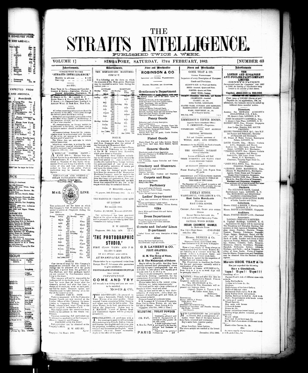 Miniature of Straits Intelligence 17 February 1883