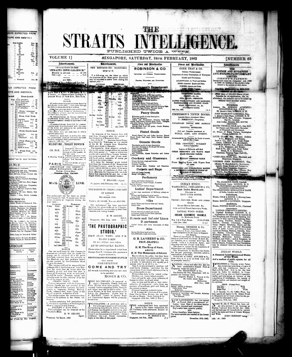 Miniature of Straits Intelligence 24 February 1883