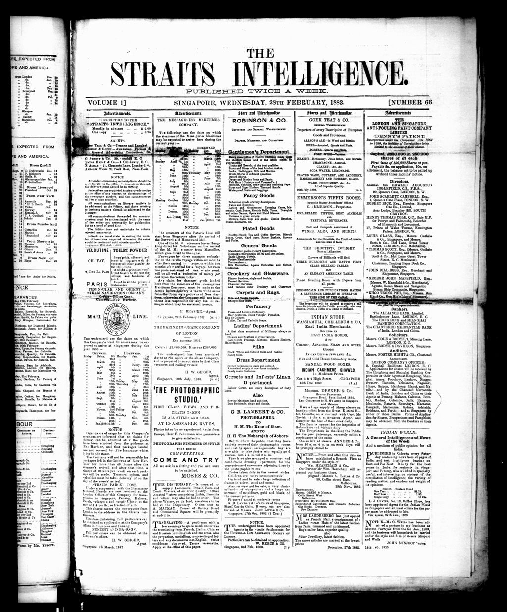 Miniature of Straits Intelligence 27 February 1883