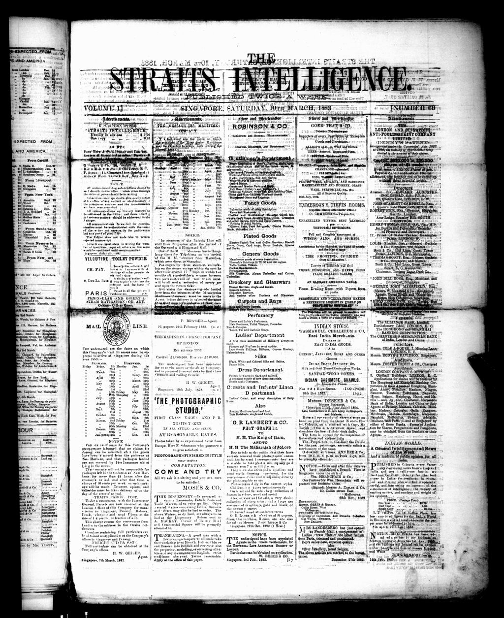 Miniature of Straits Intelligence 10 March 1883