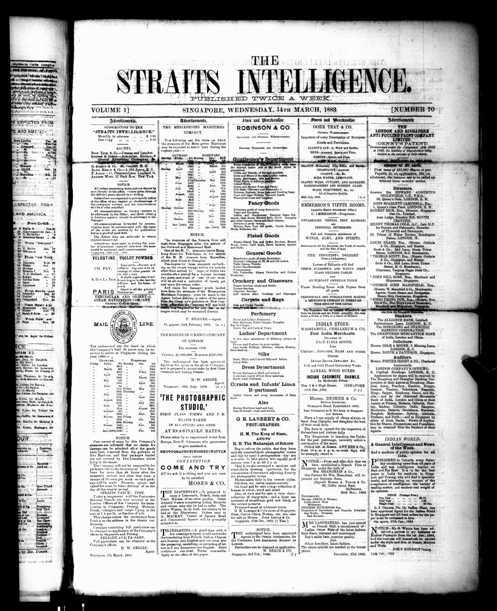 Miniature of Straits Intelligence 14 March 1883